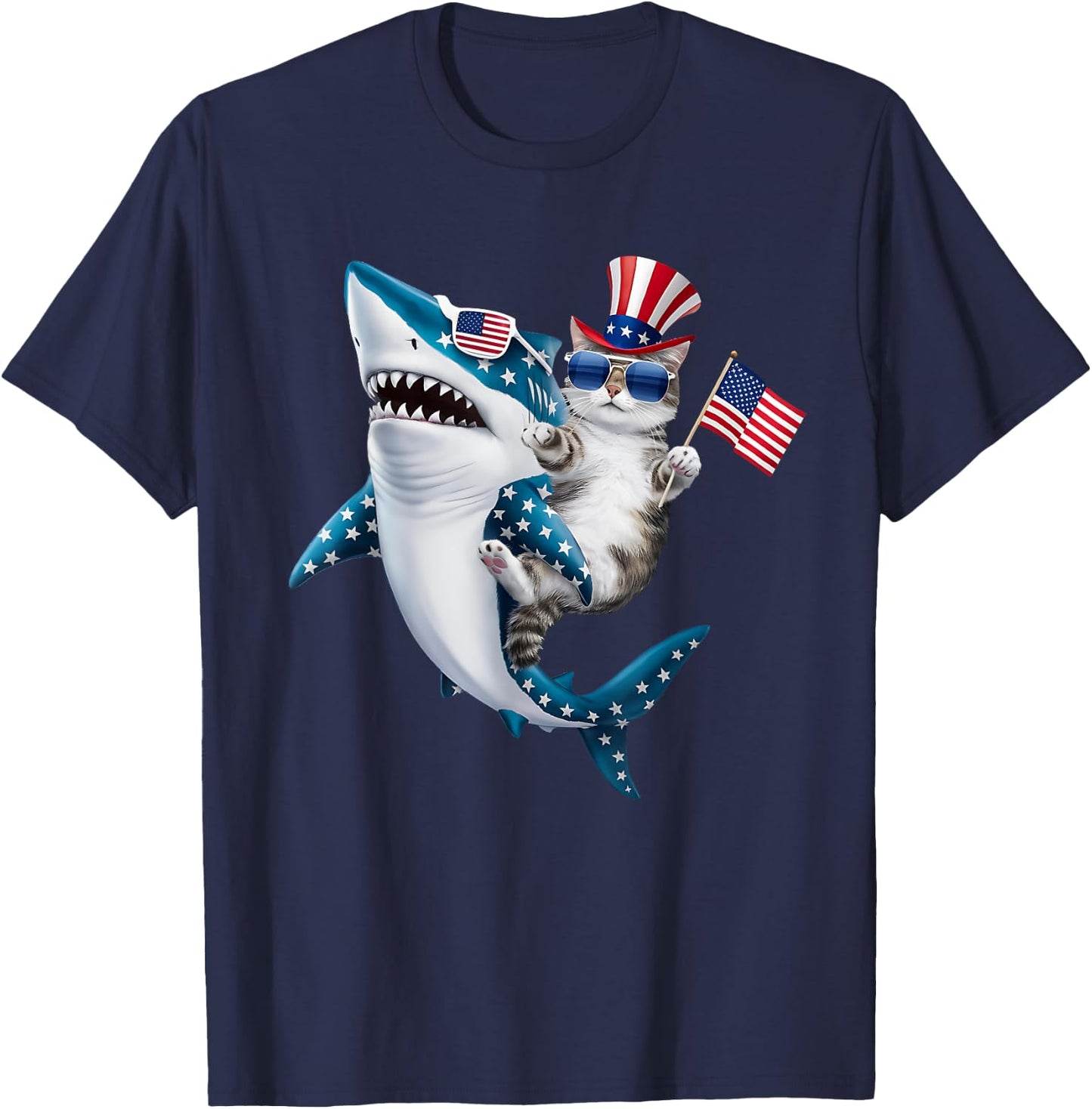 Awesome Patriotic Cat Riding Shark usa flag sunglasses Women Kids Men T-Shirt - T-Shirt | Navy