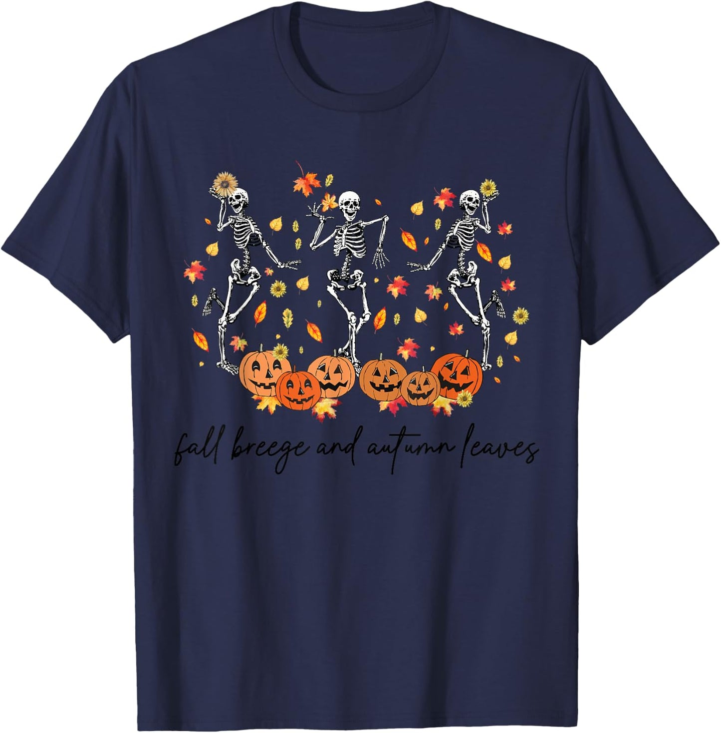 Fall Breeze and Autumn Leaves Dancing Skeleton Halloween T-Shirt - T-Shirt | Navy
