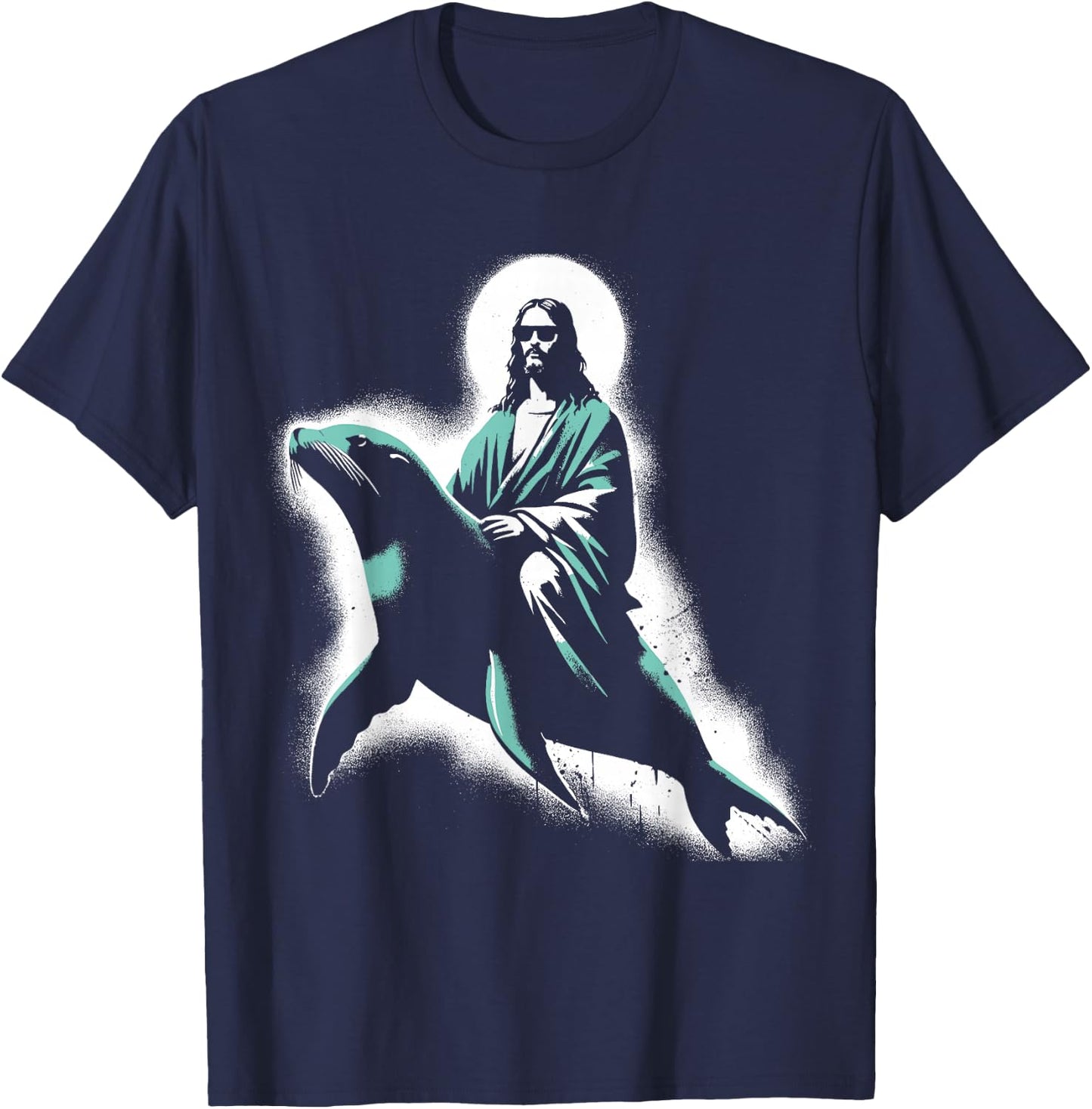 Jesus Riding A Sea Lion - Funny Christian Religious Seal T-Shirt - T-Shirt | Navy