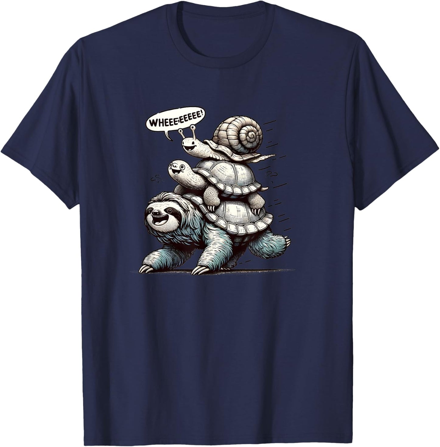 Sloth Turtle Snail Piggyback Animal Running Wild T-Shirt - T-Shirt | Navy