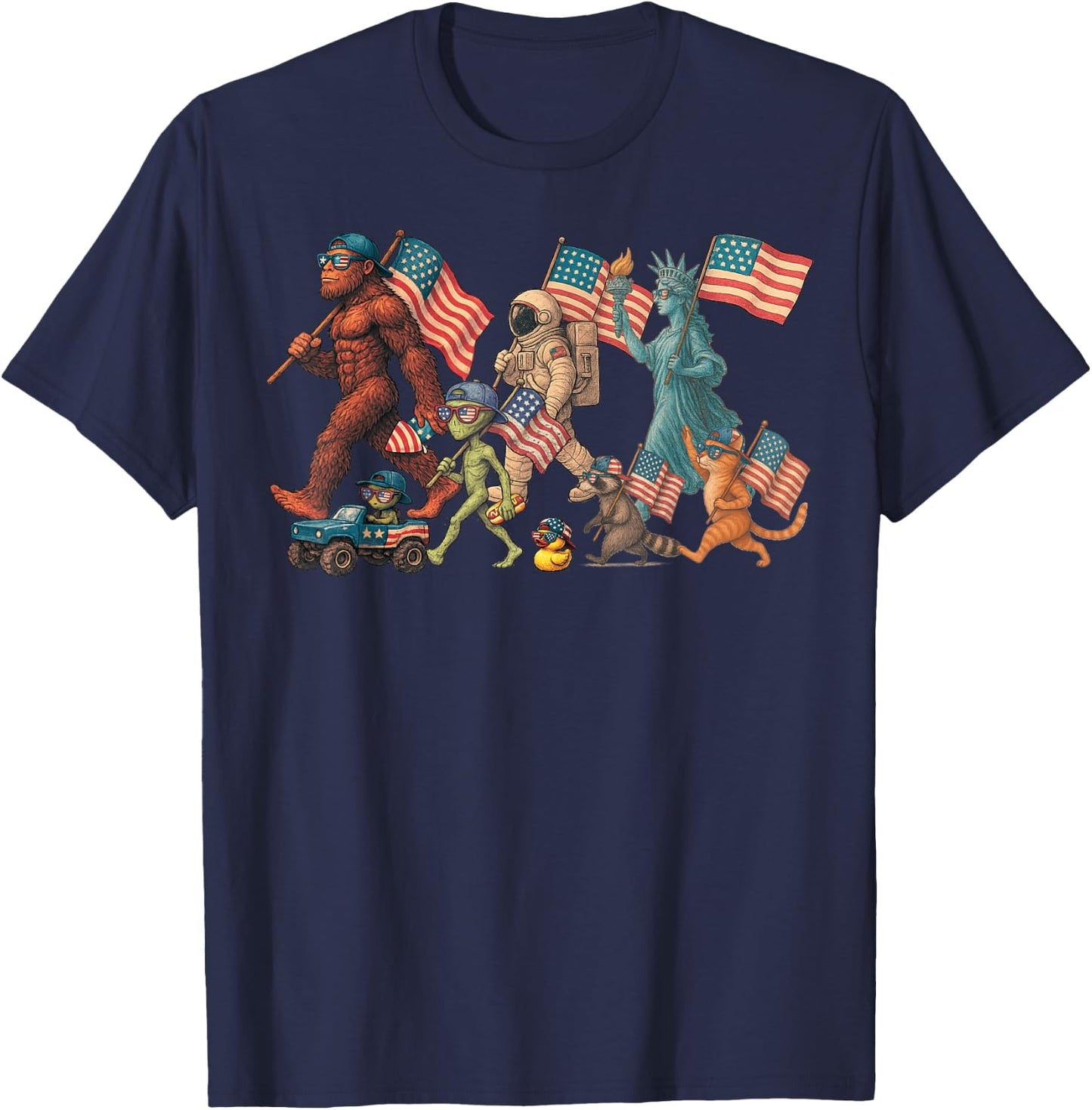 Vintage American Flag Sasquatch Raccoon Funny 4th of July T-Shirt - T-Shirt | Navy