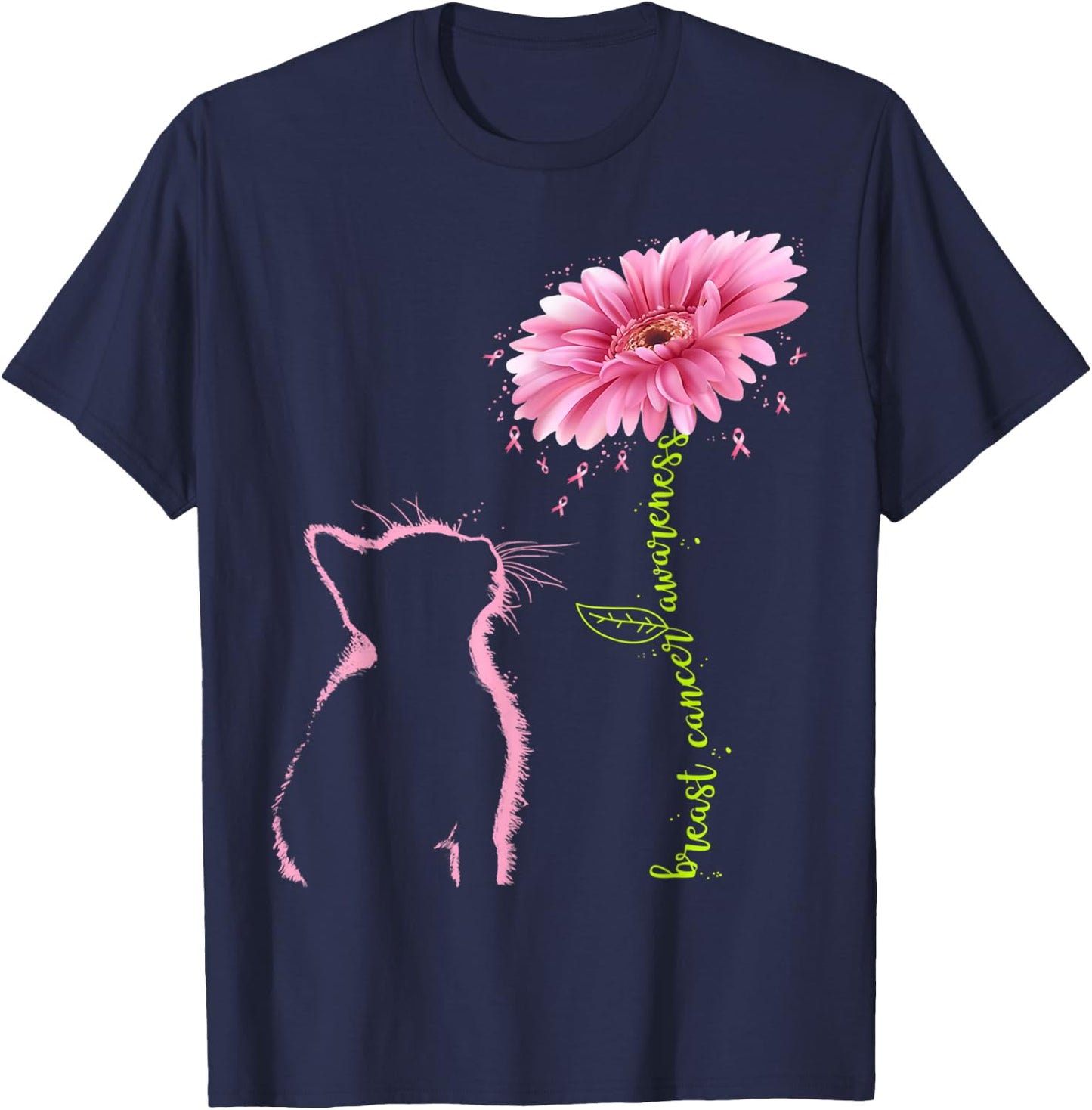 Breast Cancer Awareness Pink Ribbon Daisy Flower Cat Lovers T-Shirt - T-Shirt | Navy