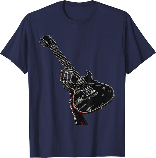 Skeleton Hand Shows Rock Music Guitar T-Shirt - T-Shirt | Navy