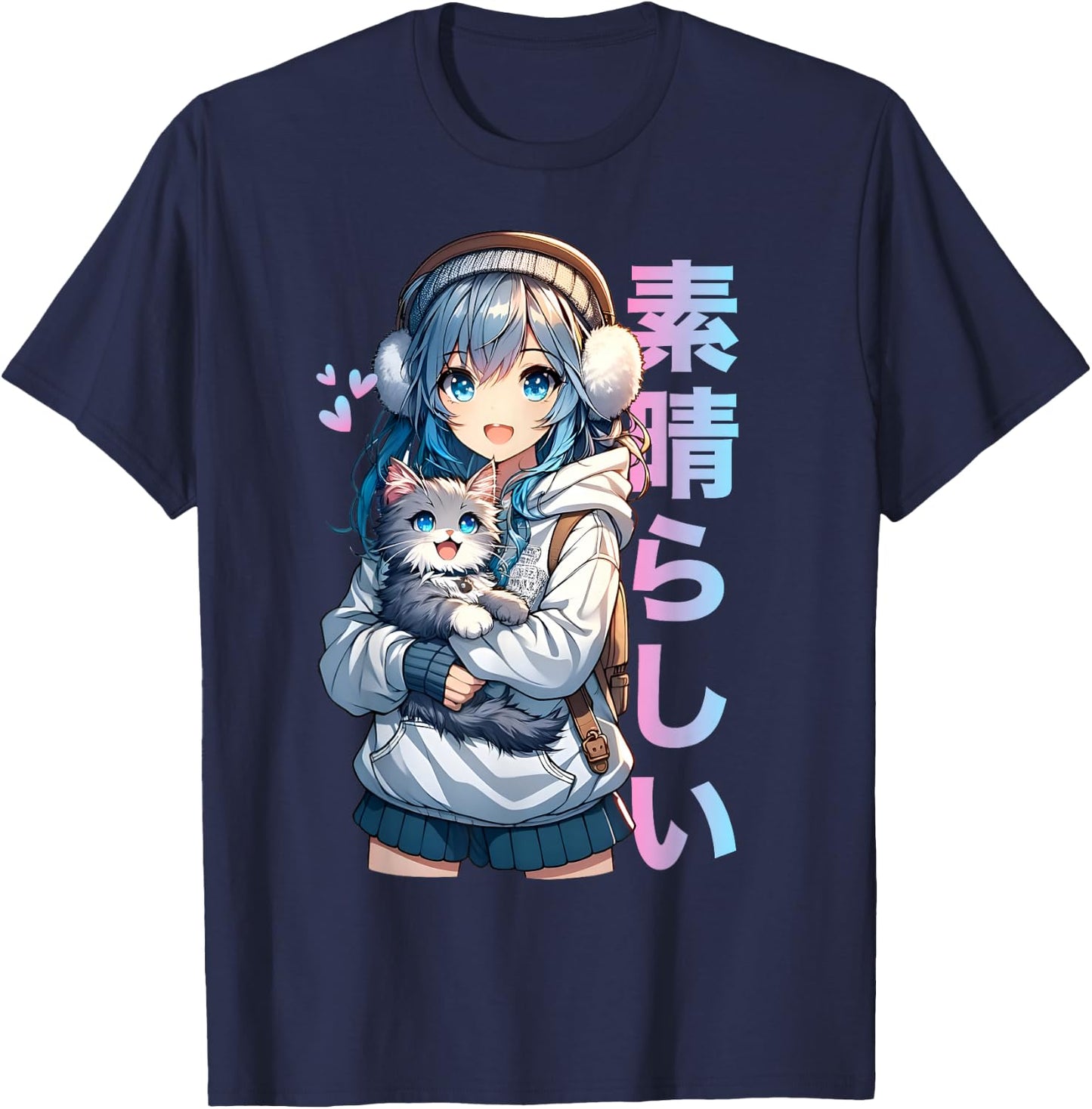 Cute Anime Girl with a Cat for Cat Lover Kawaii Otaku Manga T-Shirt - T-Shirt | Navy