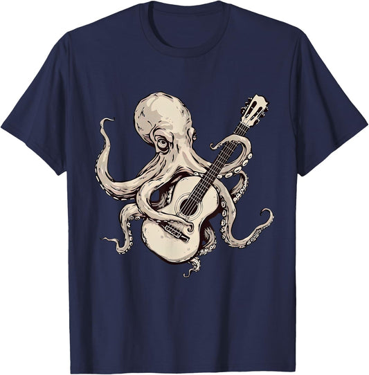 Vintage Octopus Playing Guitar Funny Rocker Guitarist Music T-Shirt - T-Shirt | Navy