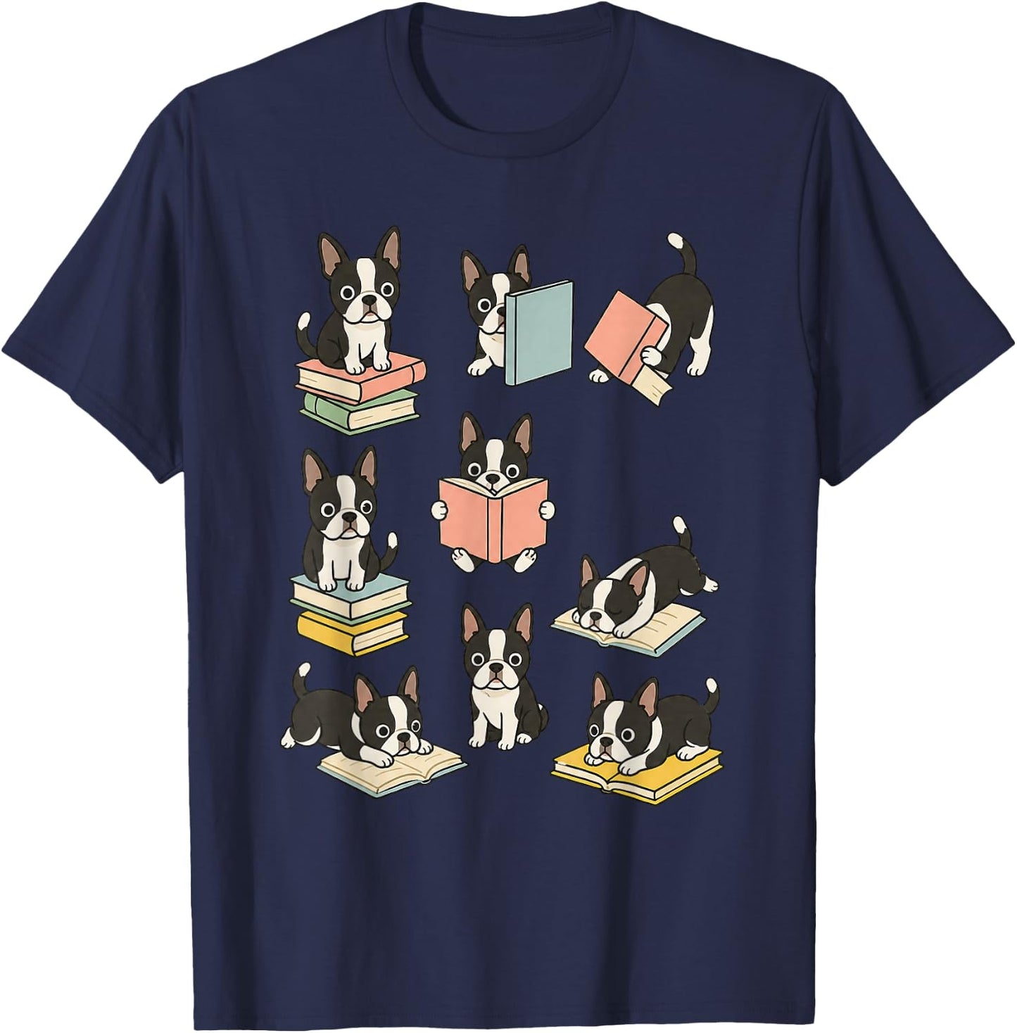Cute Dog Boston Terrier Reading Book T-Shirt - T-Shirt | Navy