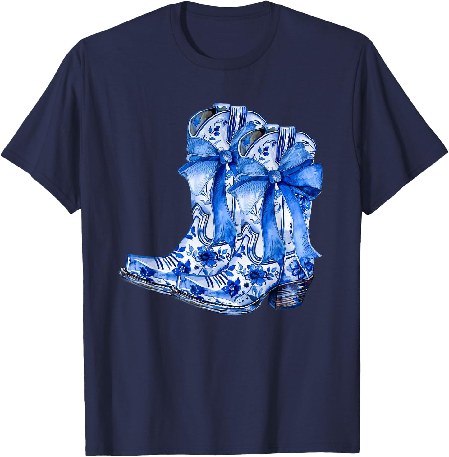Boots Bow Coquette Coastal Cowgirl Blue Chinoiserie Floral T-Shirt - T-Shirt | Navy