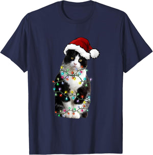 Cute Tuxedo Black Cat Christmas Light Cat Christmas Pajama Men Women Kids T-Shirt - T-Shirt | Navy
