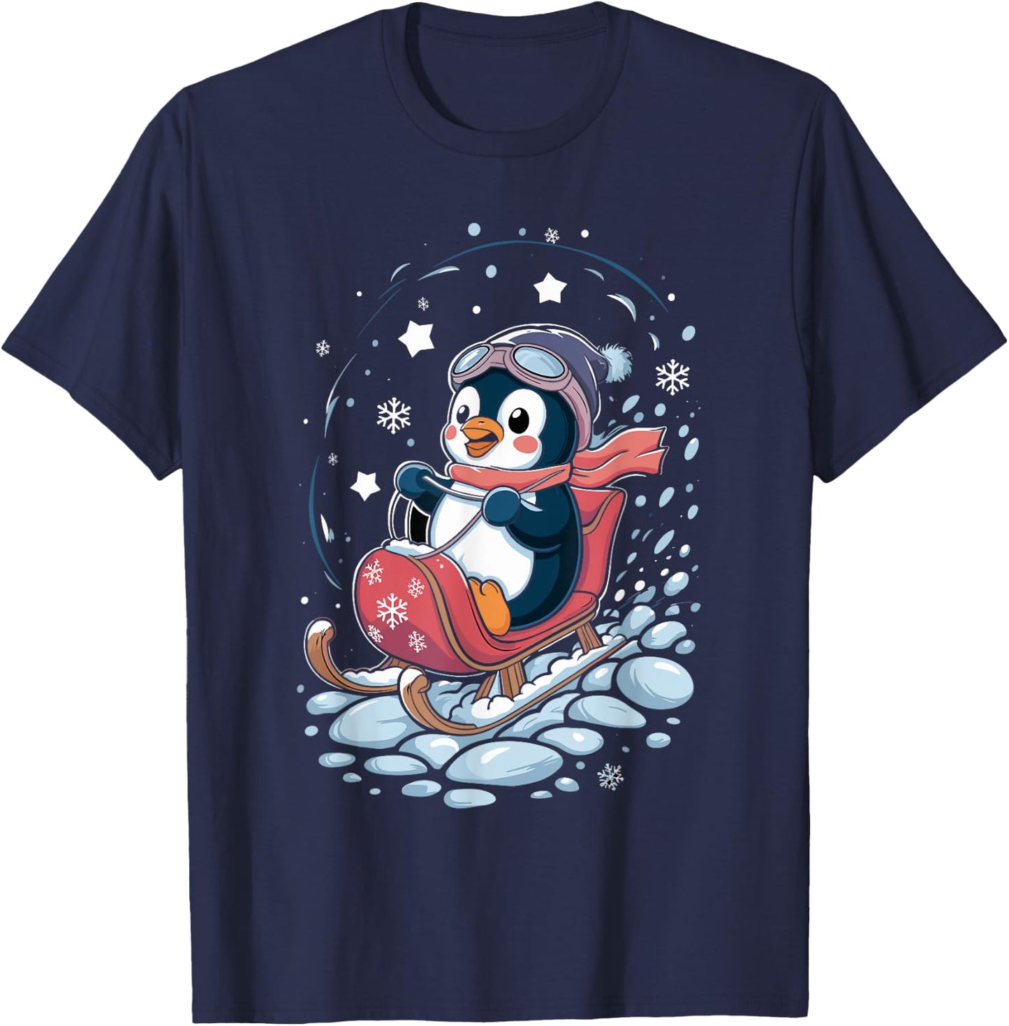 Penguin Snow Sledding Winter Cute Animal Sleigh Sled T-Shirt - T-Shirt | Navy