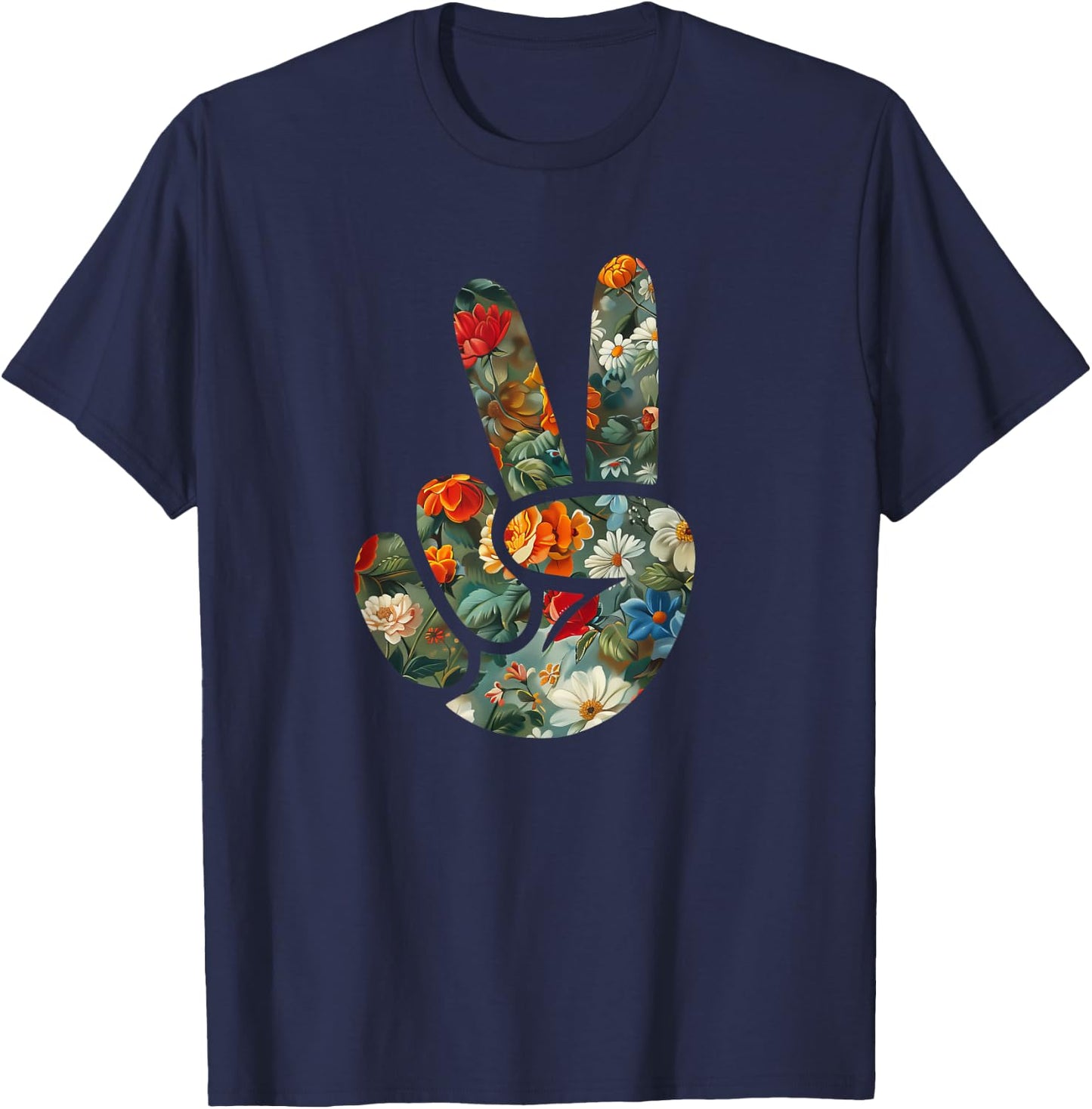 Elegant Silhouette Wildflowers Floral Peace Sign Hand T-Shirt - T-Shirt | Navy