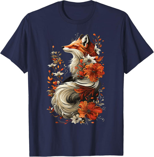 Majestic Red Fox Floral Design Cottagecore Therian T-Shirt - T-Shirt | Navy