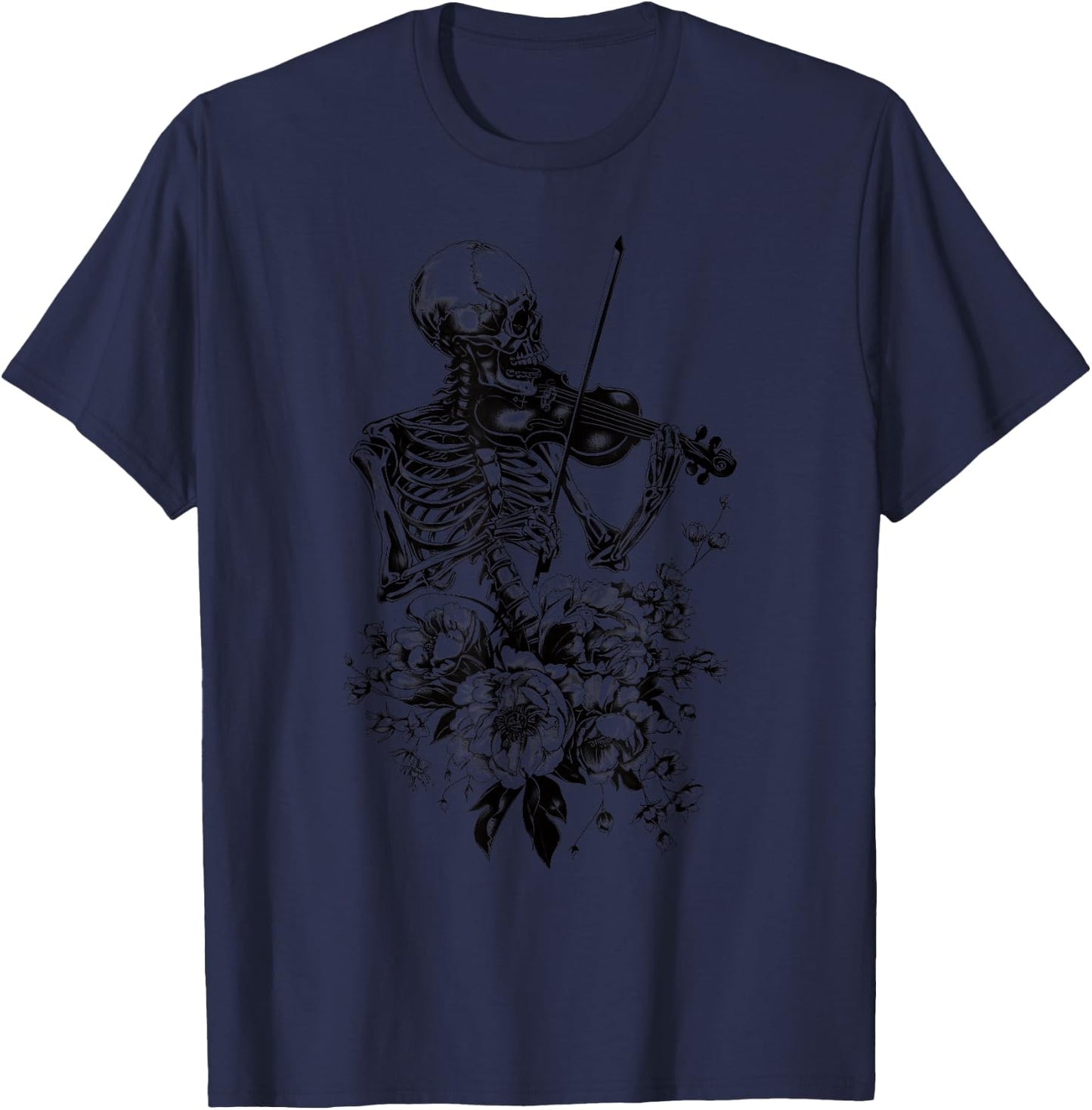 Vintage Skeleton Playing Violin Boho Flower Gothic Goth Art T-Shirt - T-Shirt | Navy
