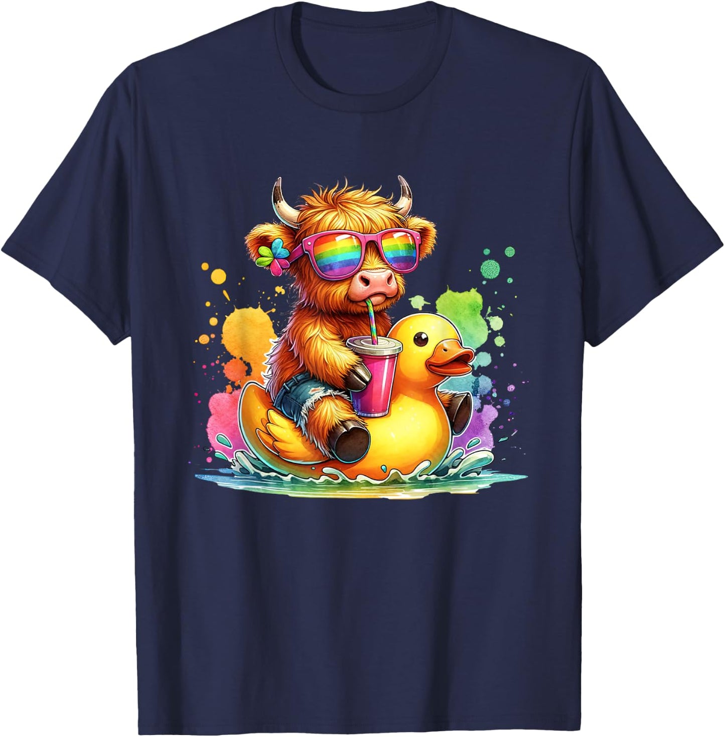 Cute Highland Cow Duck Pool Float Summer Vibes Swimming T-Shirt - T-Shirt | Navy