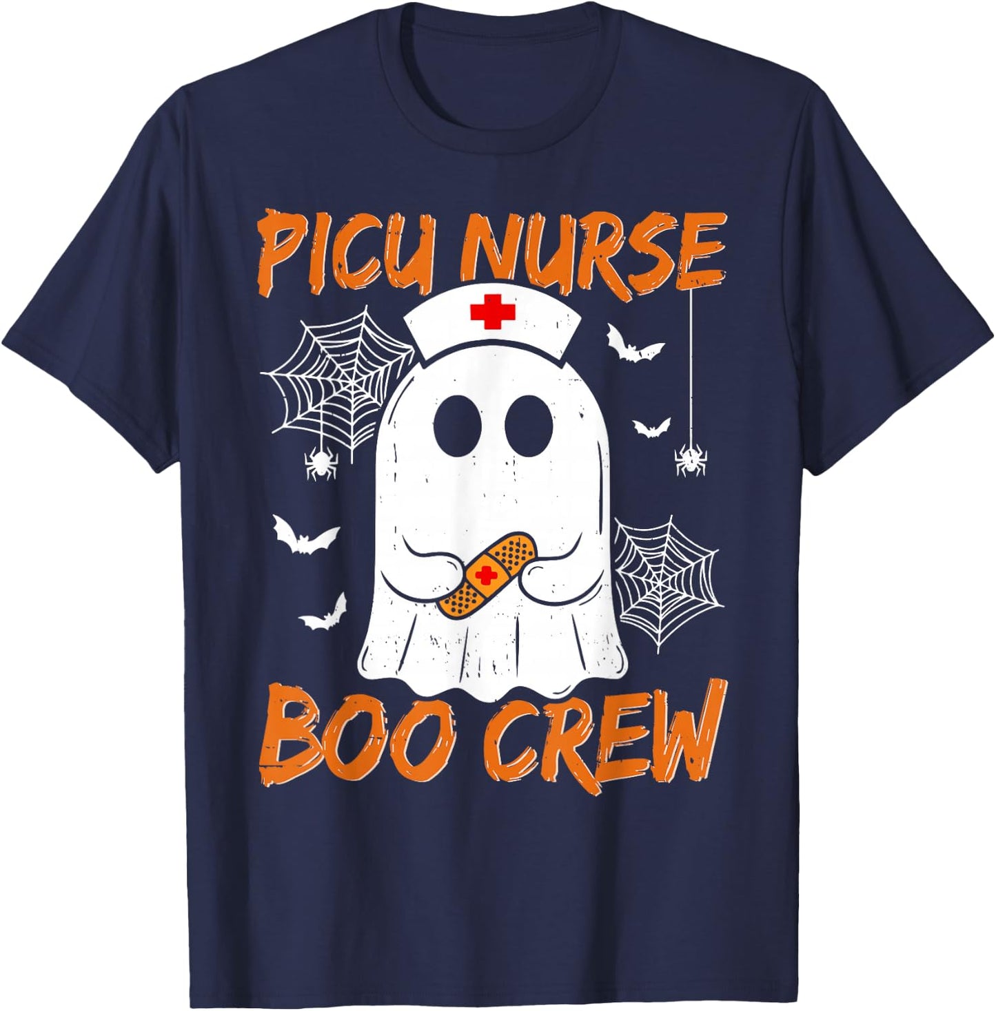 Groovy PICU Nurse Boo Crew Nurse Funny Ghost Halloween Nurse T-Shirt - T-Shirt | Navy