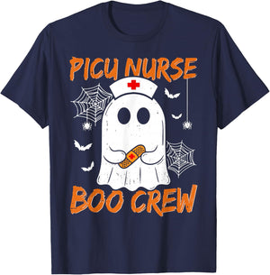 Groovy PICU Nurse Boo Crew Nurse Funny Ghost Halloween Nurse T-Shirt - T-Shirt | Navy