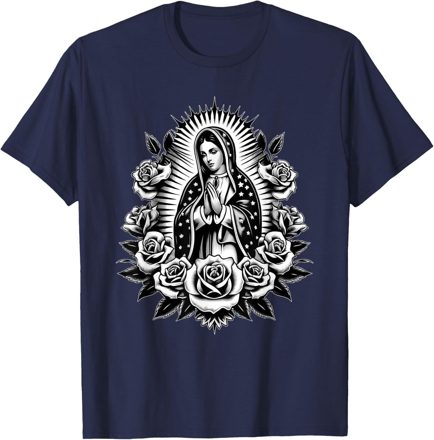 Cosas Mexicanas Apparel Co Virgen de Guadalupe Virgin Mary Virgencita Floral , Small, Black T-Shirt - T-Shirt | Navy