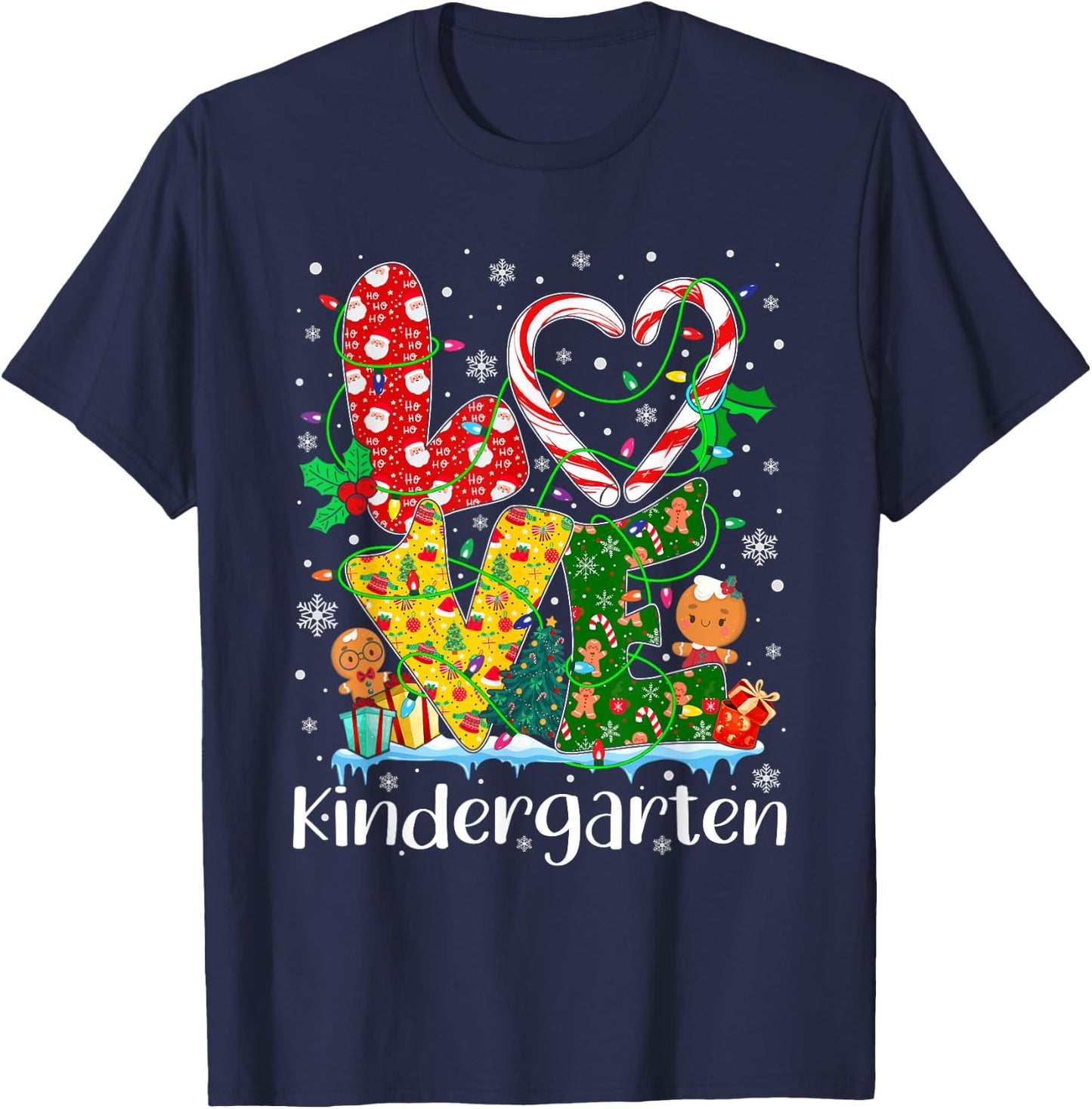 Love Kindergarten Teacher Xmas Gingerbread Christmas Pajamas T-Shirt - T-Shirt | Navy