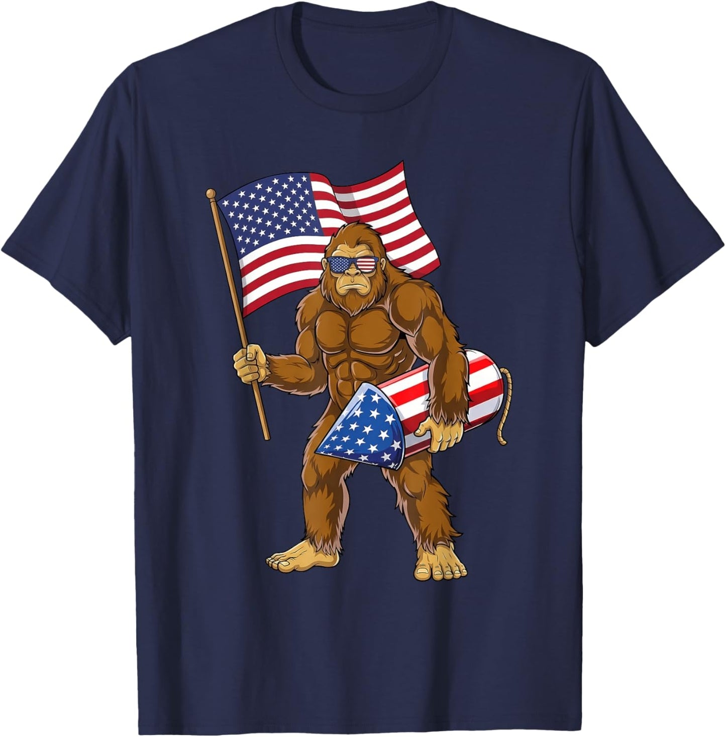 4th of July Bigfoot Sasquatch Fireworks America Patriotic T-Shirt - T-Shirt | Navy