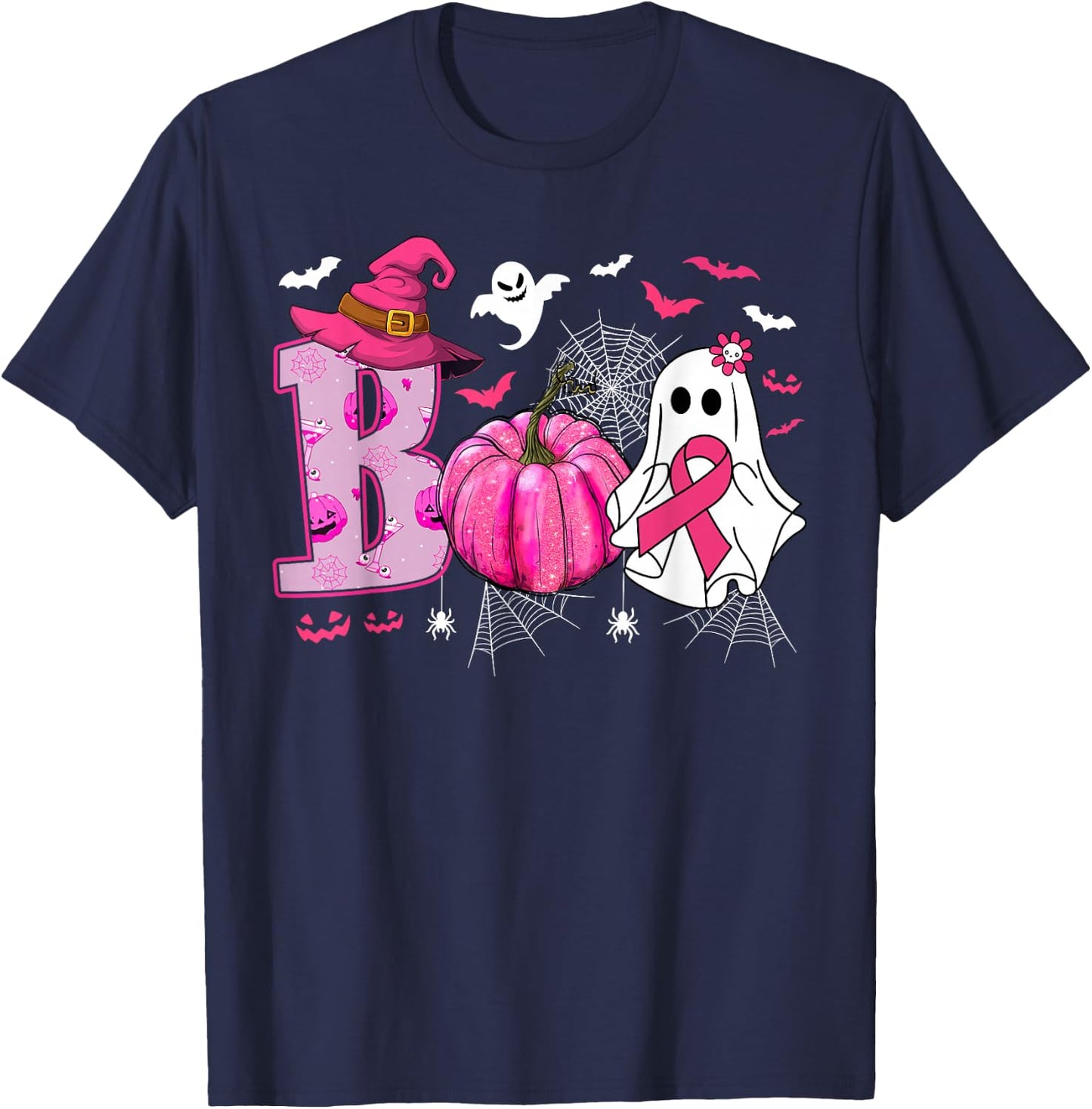 Breast Cancer Awareness Boo Ghost Halloween Women Kids T-Shirt - T-Shirt | Navy