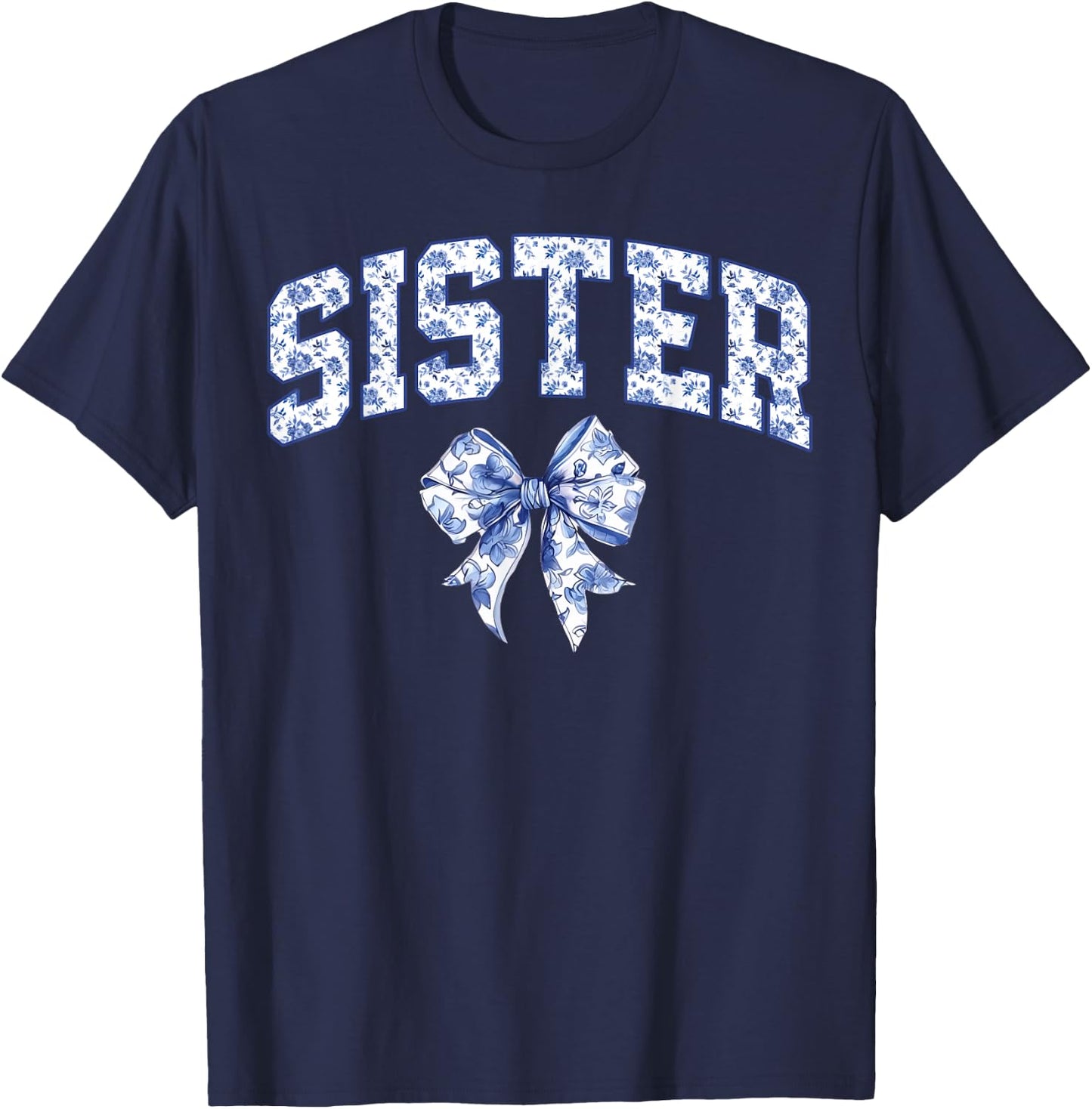 Sister Coquette Toile Blue Bow Floral Family Matching T-Shirt - T-Shirt | Navy