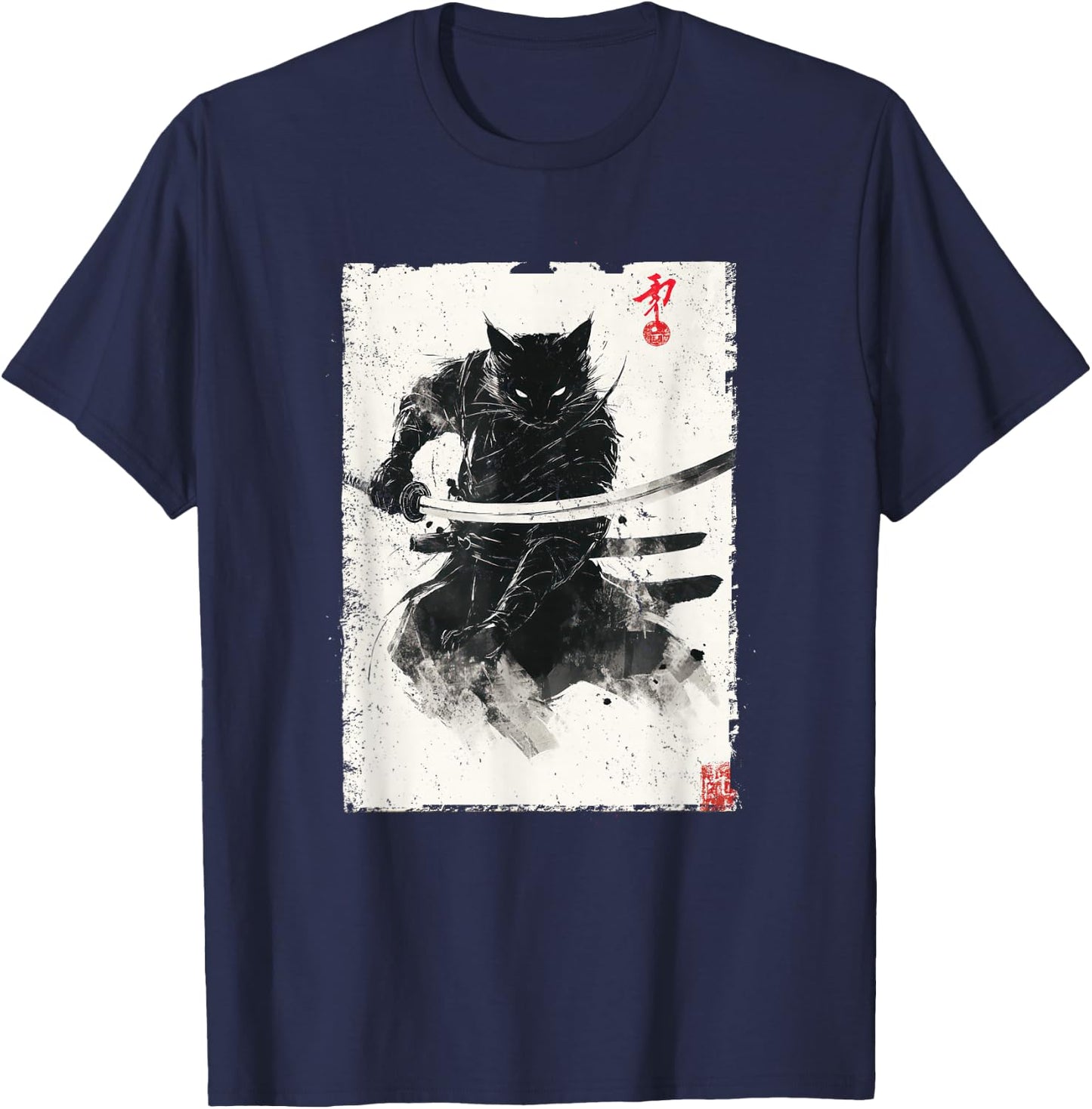 Vintage Samurai Cat Graphic Art Japanese Ukiyo-e T-Shirt - T-Shirt | Navy