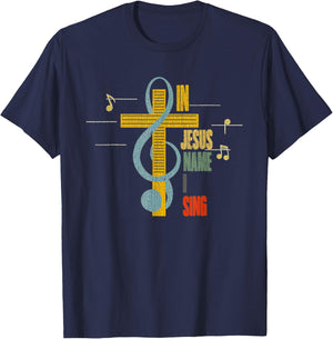 Vintage In Jesus Name I Sing Music Note Cross T-Shirt - T-Shirt | Navy