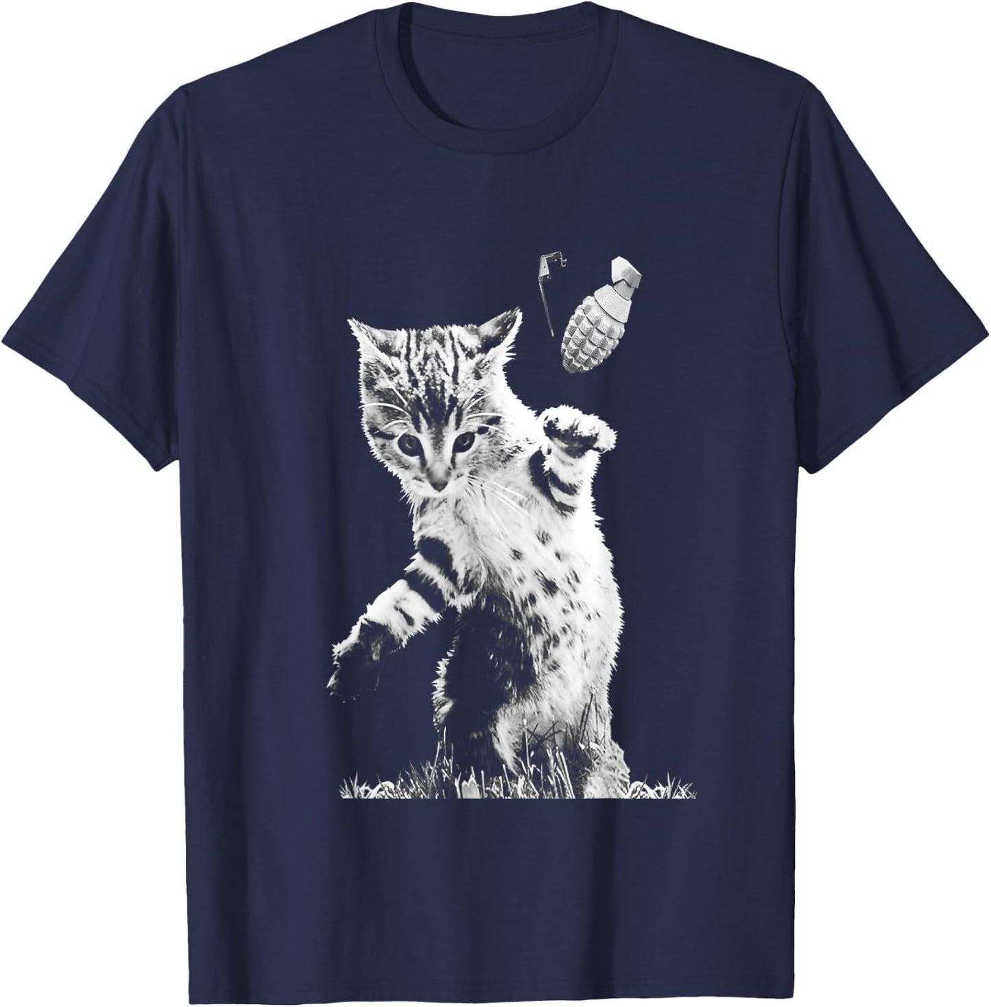 Cat Throwing Grenade Funny Kitty Cat Grenade Scene Cat Lover T-Shirt - T-Shirt | Navy