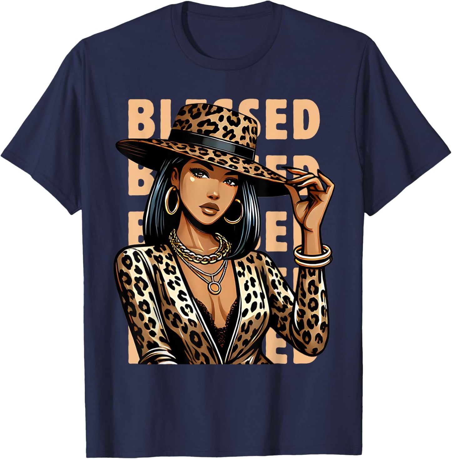 Blessed Black Cowgirl Leopard Western Swag African Christian T-Shirt - T-Shirt | Navy