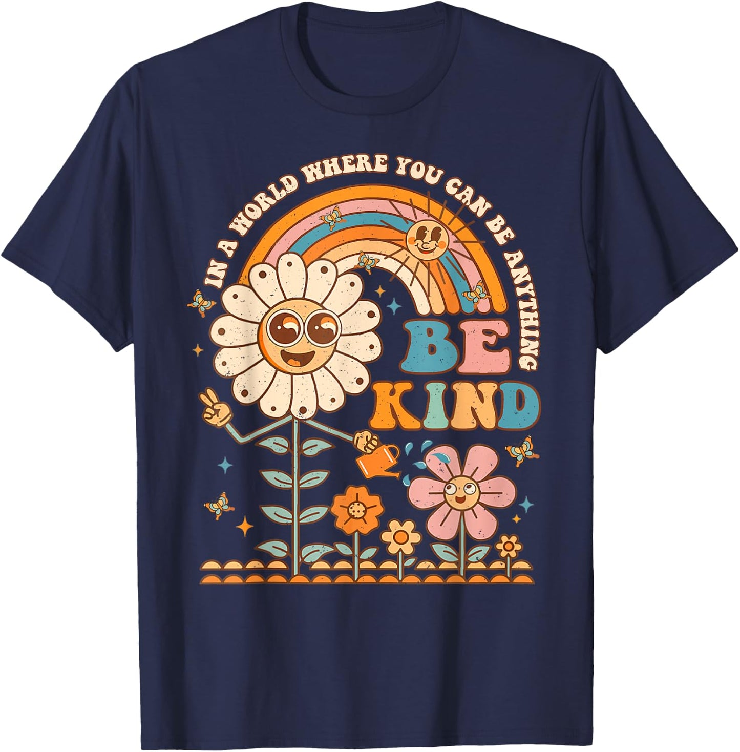 Be Kind Inspirational Positive Vibes Kindness Groovy Retro T-Shirt - T-Shirt | Navy
