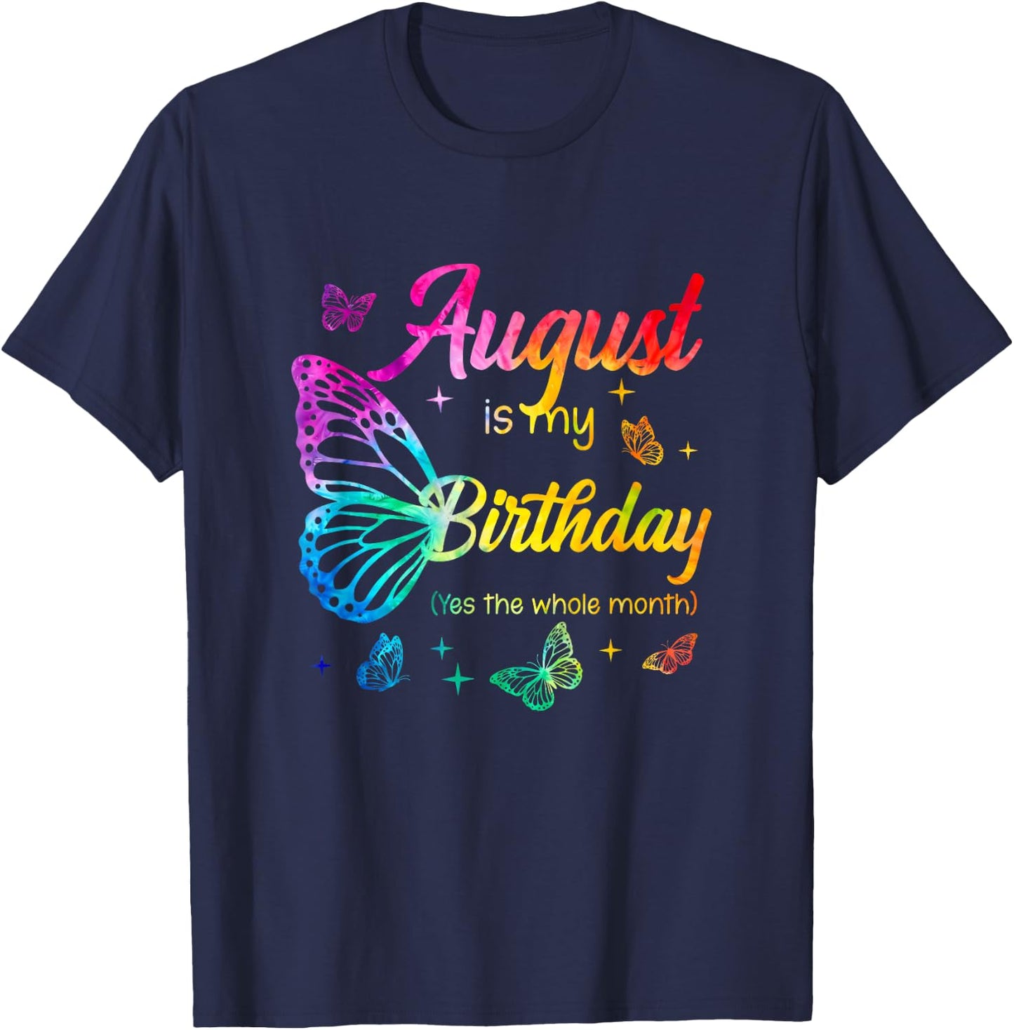 August Birthday Girls Butterfly Tie Dye Theme T-Shirt - T-Shirt | Navy
