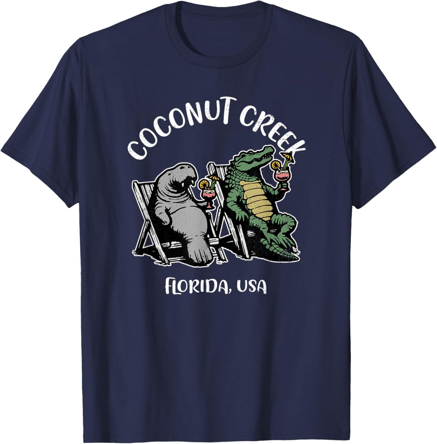 Coconut Creek Florida USA Funny Manatee and Alligator Design T-Shirt - T-Shirt | Navy