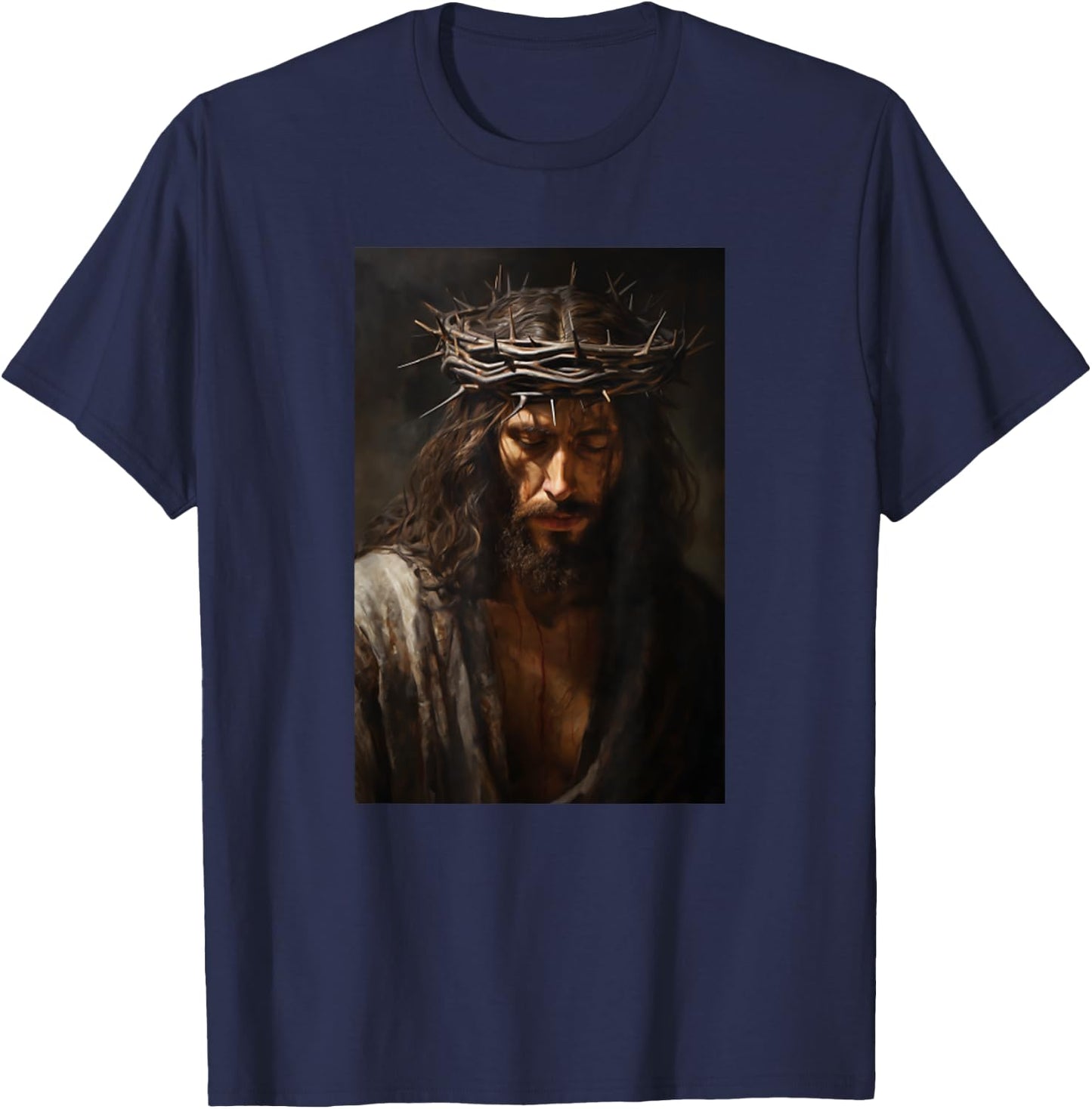 Vintage Jesus Christ Wearing Crown Of Thorns In Prayer T-Shirt - T-Shirt | Navy