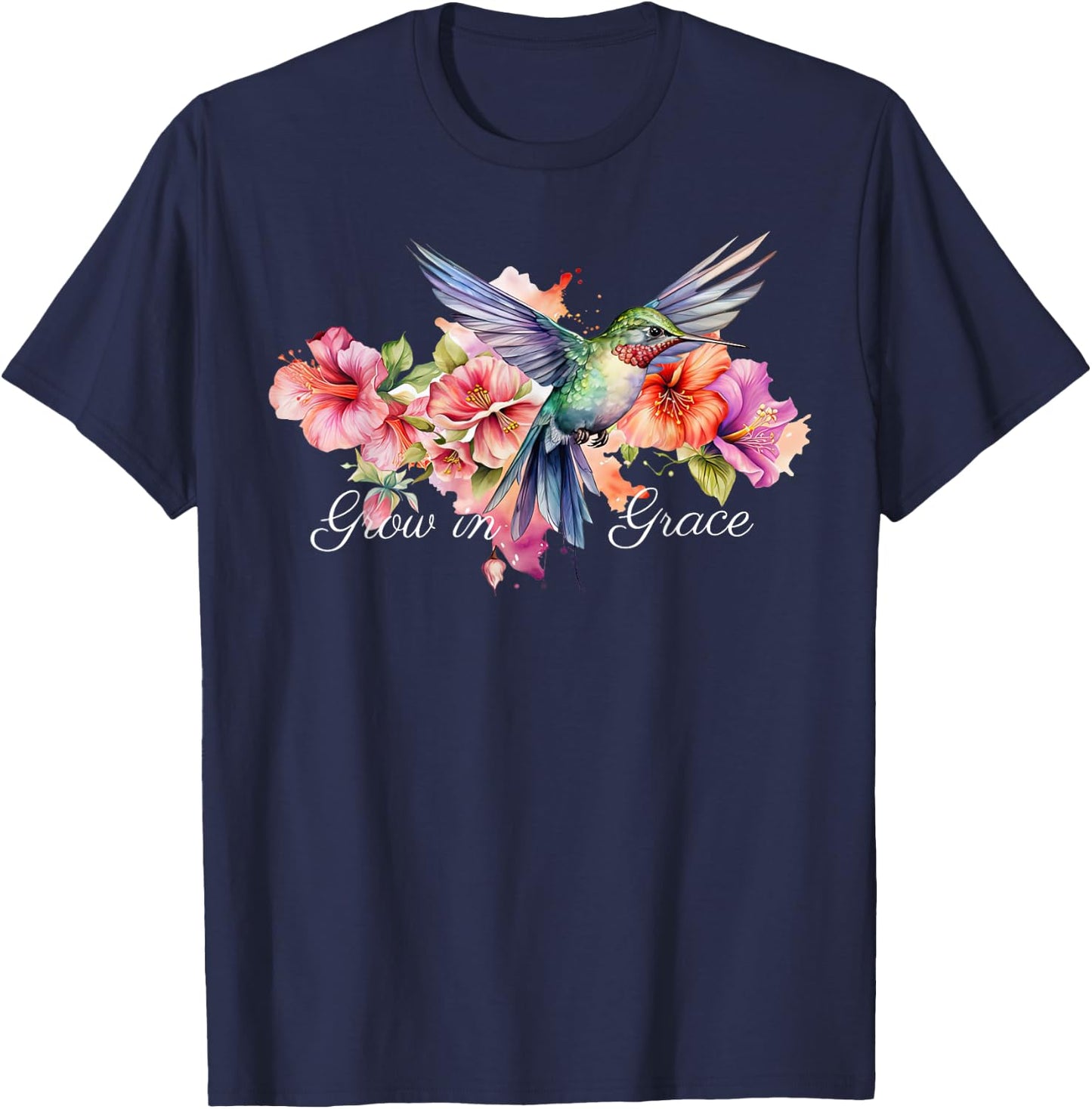Grow In Grace Flower Hummingbird Christian Bible Verse T-Shirt - T-Shirt | Navy