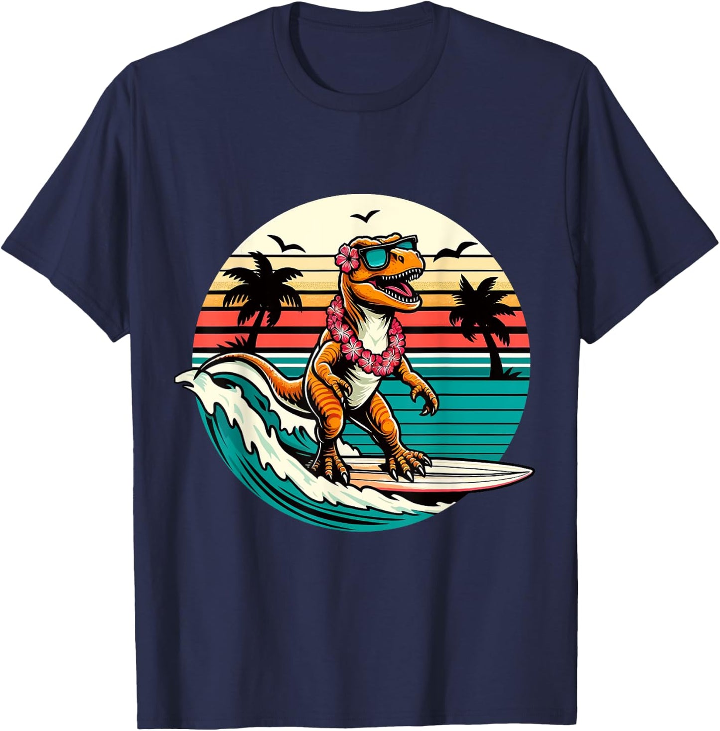 Funny Dinosaur Surfboard Beach Summer Surfing Trex Hawaiian T-Shirt - T-Shirt | Navy