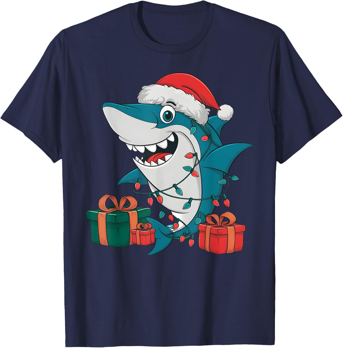 Xmas Lighting Santa Hat Shark Christmas T-Shirt - T-Shirt | Navy