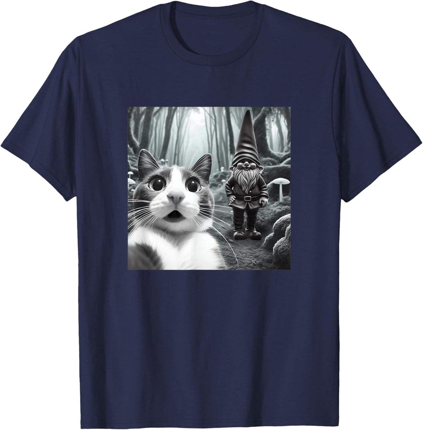 Funny Cat Selfie with Gnome Halloween Fall Christmas Women T-Shirt - T-Shirt | Navy