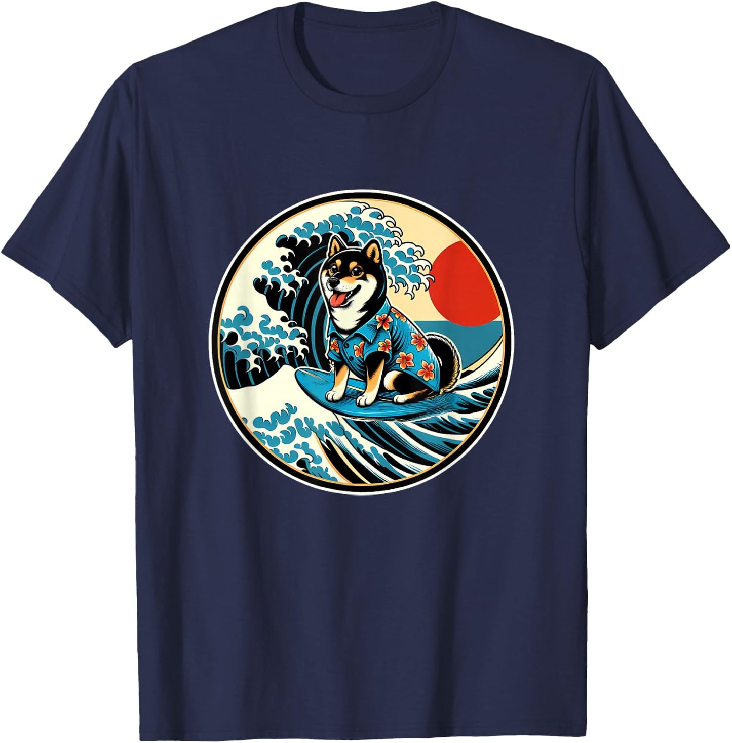 Great Wave Kanagawa Black and tan Shiba Inu Surfing T-Shirt - T-Shirt | Navy