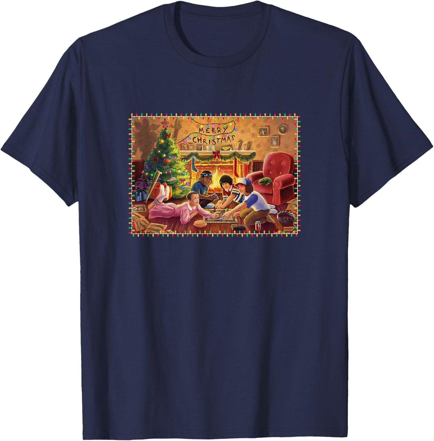 Stranger Things Merry Christmas Cozy Living Room Big Poster T-Shirt - T-Shirt | Navy