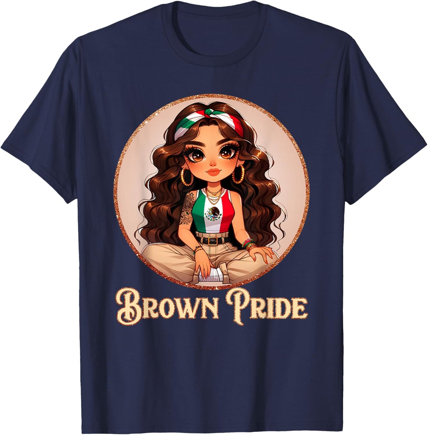 Brown Pride Chicana Chola Chibi Girl Hispanic Heritage Month T-Shirt - T-Shirt | Navy