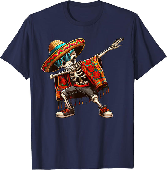 Dabbing Skeleton Sombrero Poncho Cinco De Mayo Mexican Funny T-Shirt - T-Shirt | Navy