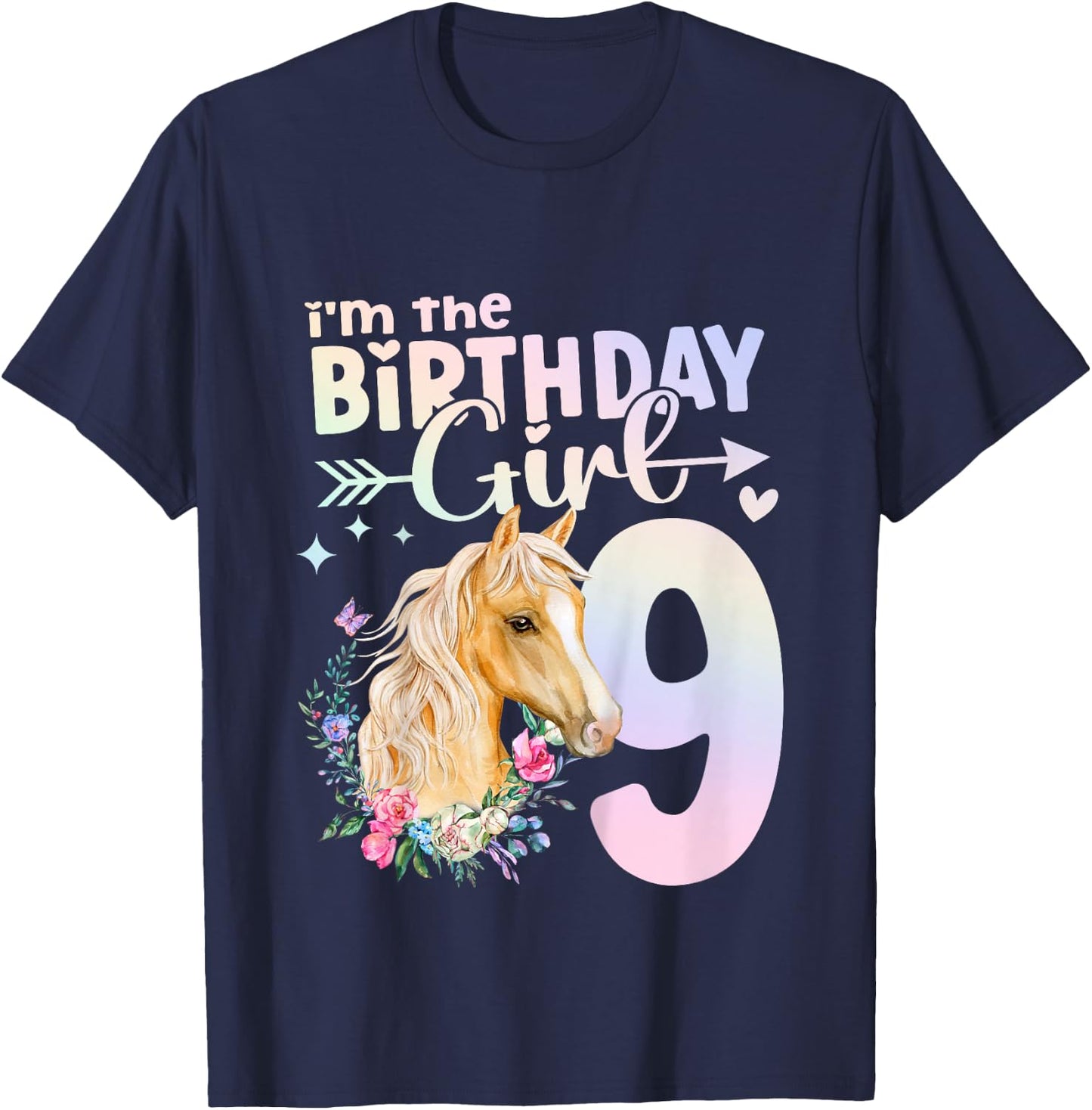 9th Birthday Horse Girl 9 Years Old Nine 9 Birthday Girl T-Shirt - T-Shirt | Navy