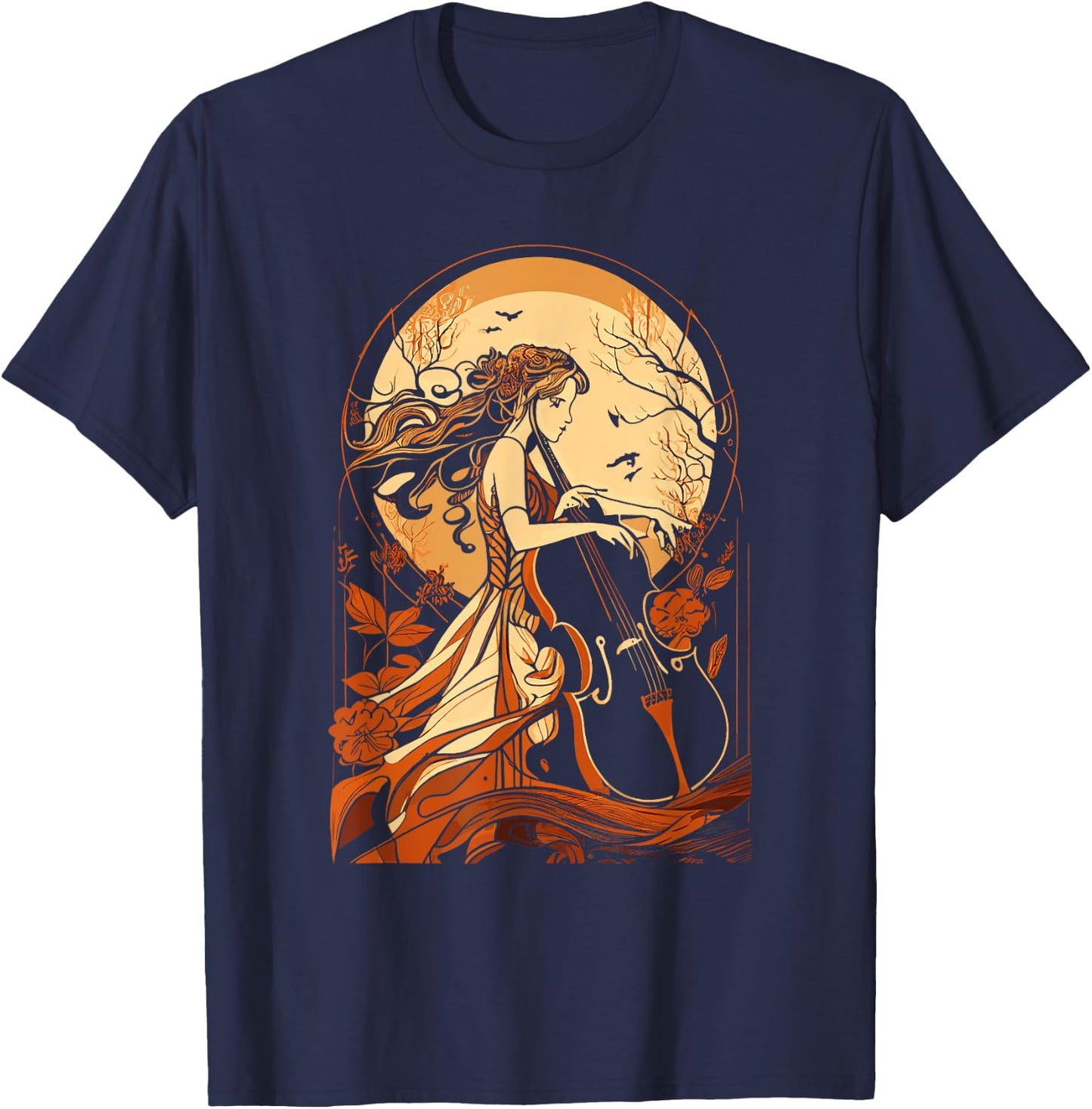 Art Nouveau Cello Girl Beautiful Cello Player Art T-Shirt - T-Shirt | Navy