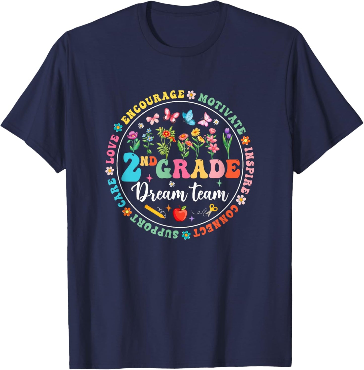 Second Grade Dream Team Back To School Teacher Flower T-Shirt - T-Shirt | Navy