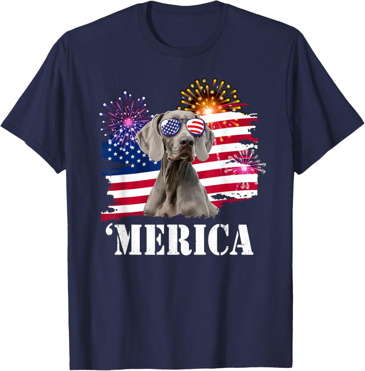 USA Flag 4th of July Fourth Merica Weimaraner Lover T-Shirt - T-Shirt | Navy