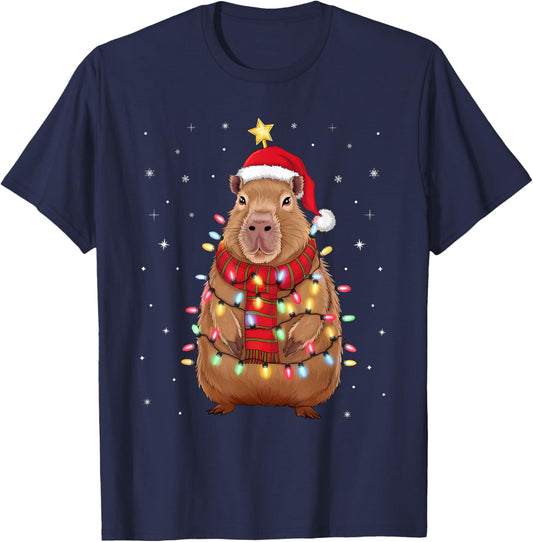 Christmas Capybara With Santa Hat Xmas Lights Tree T-Shirt - T-Shirt | Navy