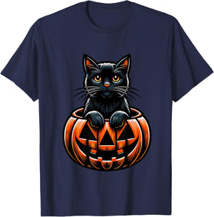 Halloween Pumpkin Cat Funny Halloween T-Shirt - T-Shirt | Navy