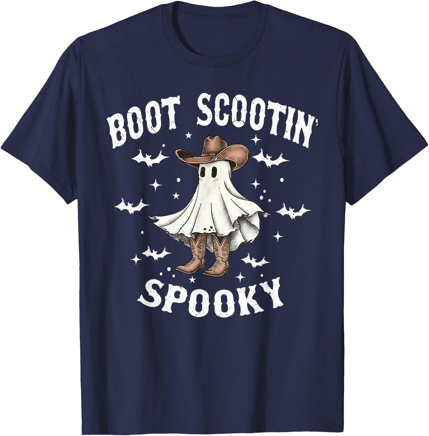 Boot Scootin' Spooky Cowboy Western Ghost Groovy Halloween T-Shirt - T-Shirt | Navy
