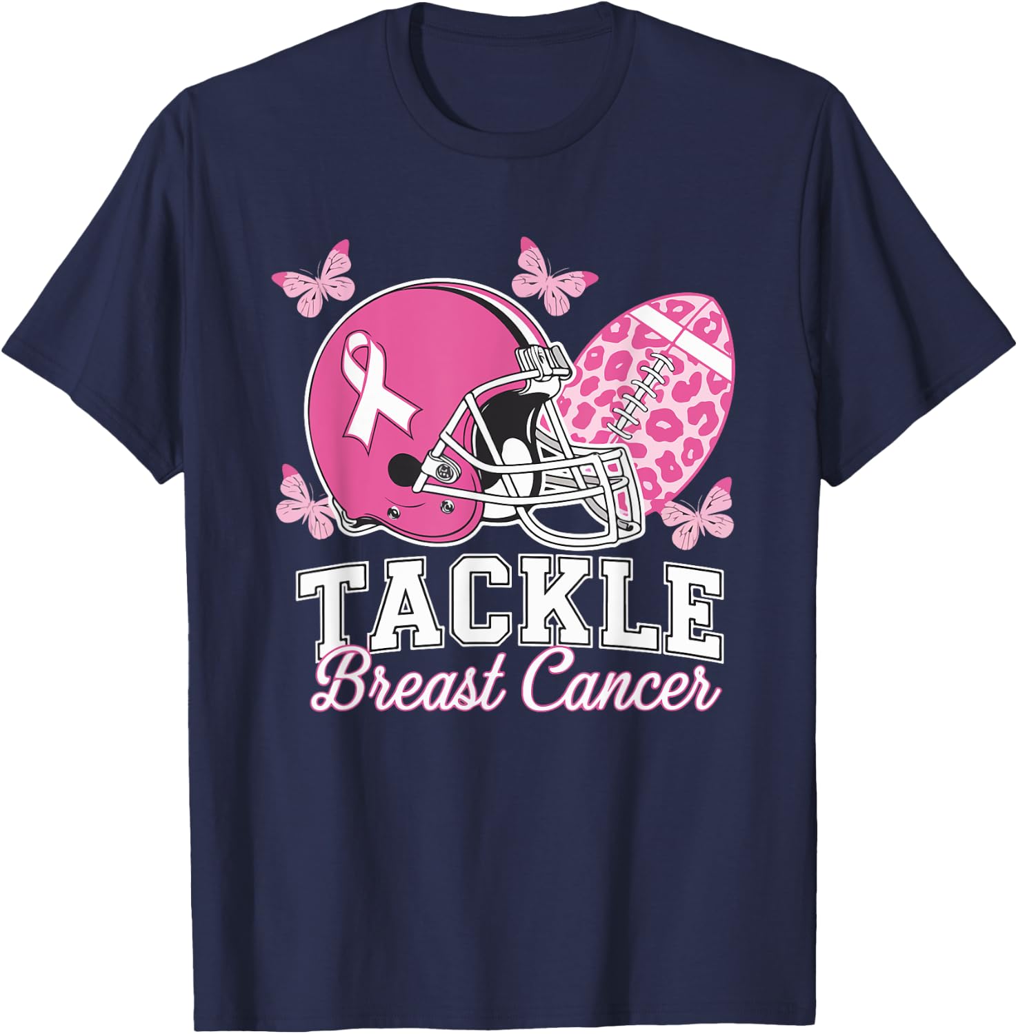Tackle Breast Cancer Pink Ribbon American Fantasy Football T-Shirt - T-Shirt | Navy