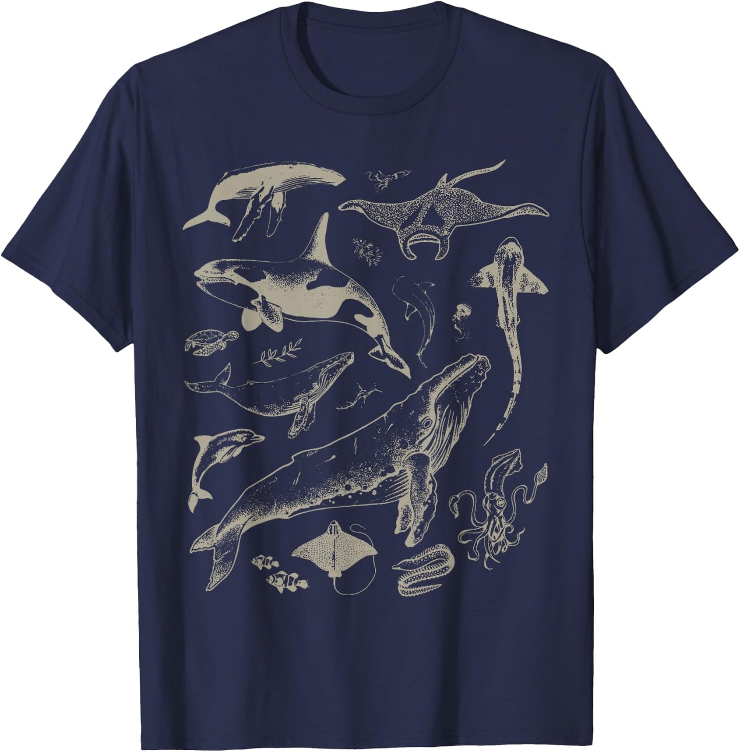 Retro Ocean Wildlife Shark Turtle Octopus Fish Animal Lover T-Shirt - T-Shirt | Navy