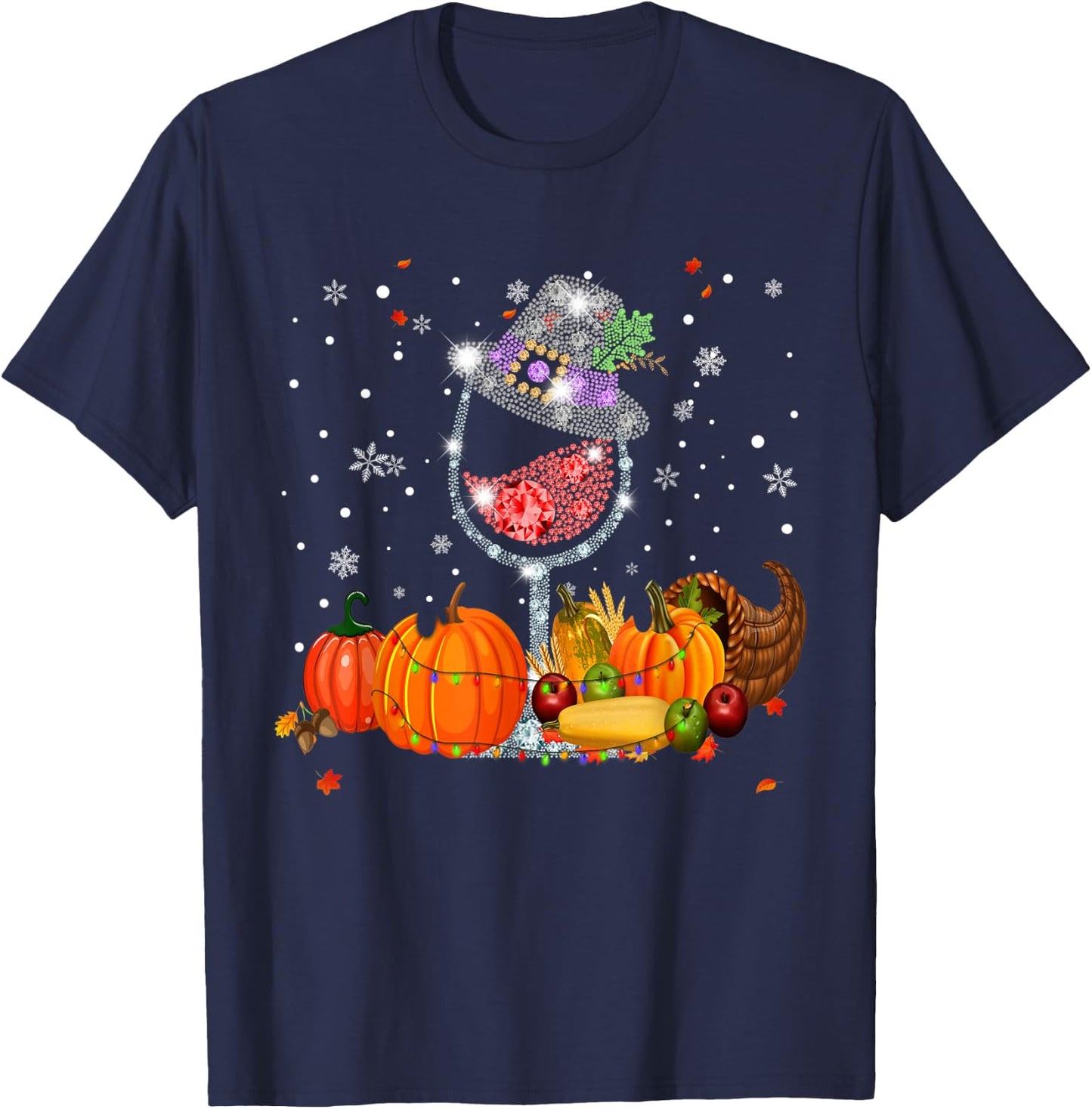 Glass of Wine Diamond Maple Leaf Autumn Fall T-Shirt - T-Shirt | Navy